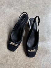 Load image into Gallery viewer, Ann Taylor Chain Detail Black Suede Slingback Heels (US 8)
