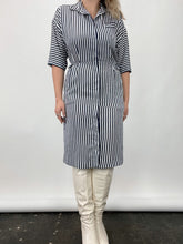 Load image into Gallery viewer, 80s Vintage Leslie Fay Navy Stripe Shirt Dress (S/M)
