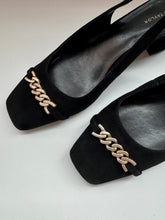 Load image into Gallery viewer, Ann Taylor Chain Detail Black Suede Slingback Heels (US 8)