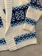 Load image into Gallery viewer, 70s Vintage JCPenney Cream & Blue Patterned Cardigan (M)