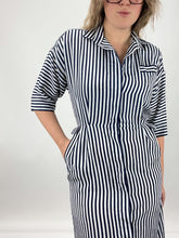 Load image into Gallery viewer, 80s Vintage Leslie Fay Navy Stripe Shirt Dress (S/M)
