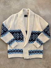 Load image into Gallery viewer, 70s Vintage JCPenney Cream & Blue Patterned Cardigan (M)