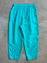 Load image into Gallery viewer, 80s Vintage Jacqueline Ferrar Turquoise High-Waist Pleated Silk Pants (L)