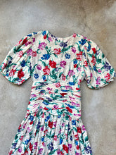 Load image into Gallery viewer, 80s Vintage Maggy London Floral Print Silk Puff Sleeve Ruched Drop-Waist Midi Dress | Small