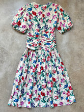 Load image into Gallery viewer, 80s Vintage Maggy London Floral Print Silk Puff Sleeve Ruched Drop-Waist Midi Dress | Small