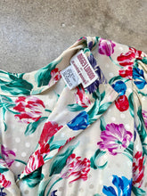 Load image into Gallery viewer, 80s Vintage Maggy London Floral Print Silk Puff Sleeve Ruched Drop-Waist Midi Dress | Small