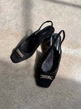 Load image into Gallery viewer, Ann Taylor Chain Detail Black Suede Slingback Heels (US 8)