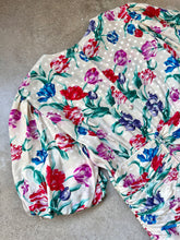 Load image into Gallery viewer, 80s Vintage Maggy London Floral Print Silk Puff Sleeve Ruched Drop-Waist Midi Dress | Small