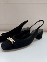 Load image into Gallery viewer, Ann Taylor Chain Detail Black Suede Slingback Heels (US 8)