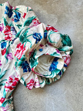 Load image into Gallery viewer, 80s Vintage Maggy London Floral Print Silk Puff Sleeve Ruched Drop-Waist Midi Dress | Small