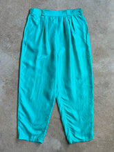 Load image into Gallery viewer, 80s Vintage Jacqueline Ferrar Turquoise High-Waist Pleated Silk Pants (L)