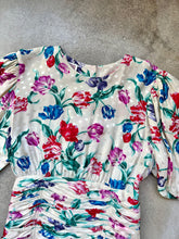 Load image into Gallery viewer, 80s Vintage Maggy London Floral Print Silk Puff Sleeve Ruched Drop-Waist Midi Dress | Small