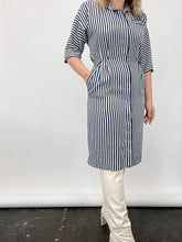 Load image into Gallery viewer, 80s Vintage Leslie Fay Navy Stripe Shirt Dress (S/M)