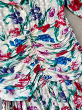 Load image into Gallery viewer, 80s Vintage Maggy London Floral Print Silk Puff Sleeve Ruched Drop-Waist Midi Dress | Small