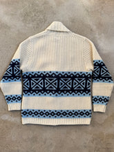 Load image into Gallery viewer, 70s Vintage JCPenney Cream & Blue Patterned Cardigan (M)