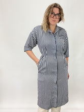 Load image into Gallery viewer, 80s Vintage Leslie Fay Navy Stripe Shirt Dress (S/M)