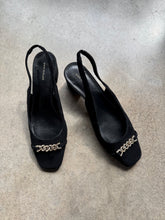 Load image into Gallery viewer, Ann Taylor Chain Detail Black Suede Slingback Heels (US 8)