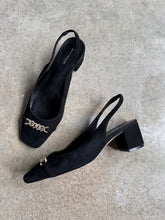 Load image into Gallery viewer, Ann Taylor Chain Detail Black Suede Slingback Heels (US 8)