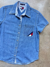 Load image into Gallery viewer, 90s Vintage Tommy Jeans Logo Pocket Short Sleeve Denim Shirt | Medium
