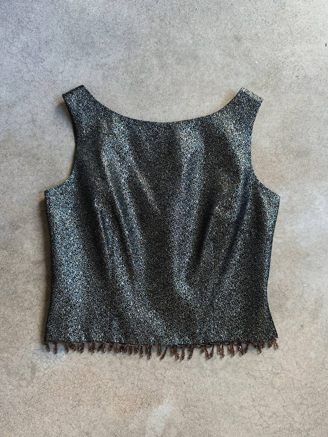 Vintage Metallic Beaded Trim Cropped Sleeveless Blouse (M/L)