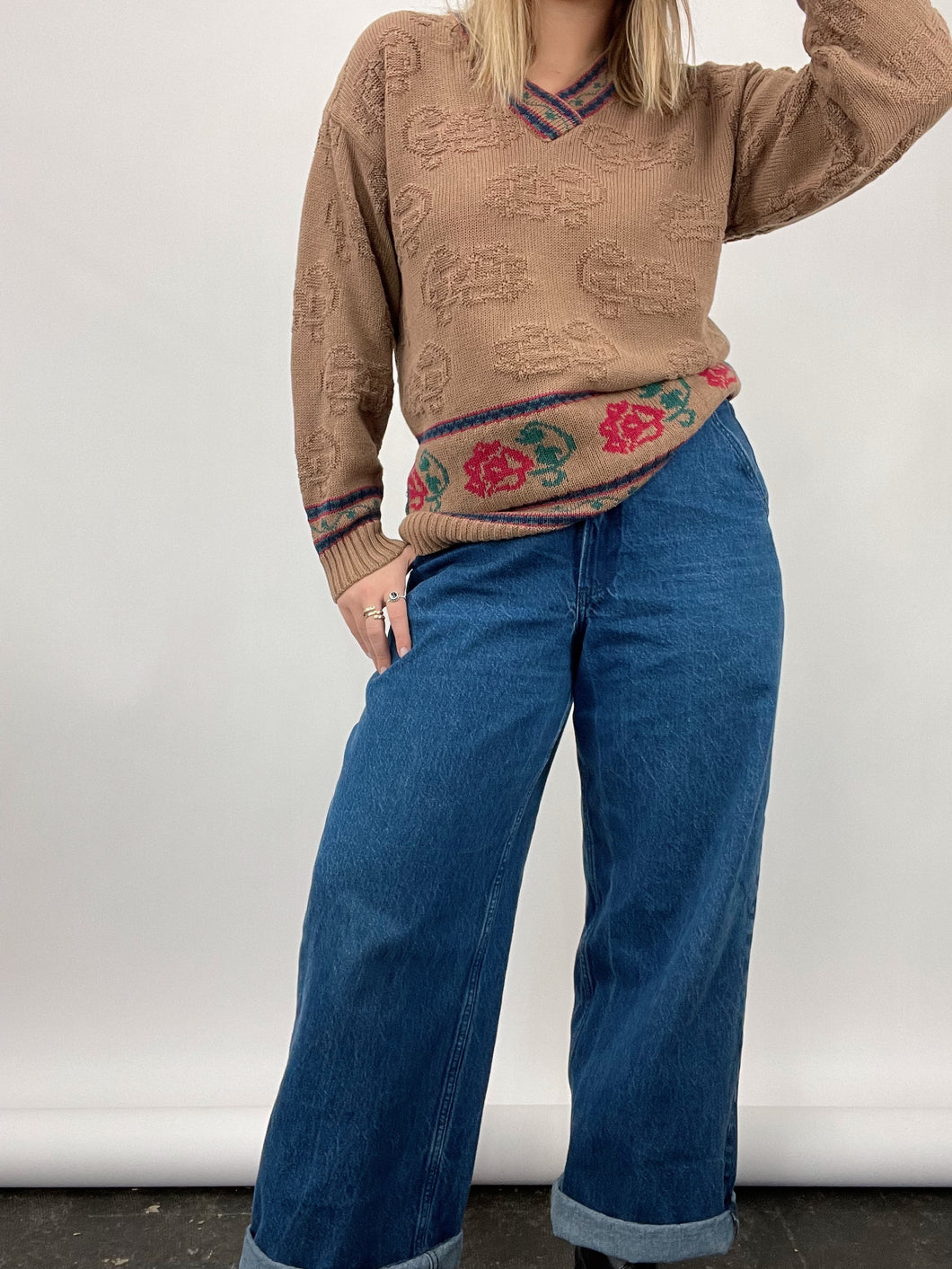 80s Brown Patterned V-Neck Sweater (M)