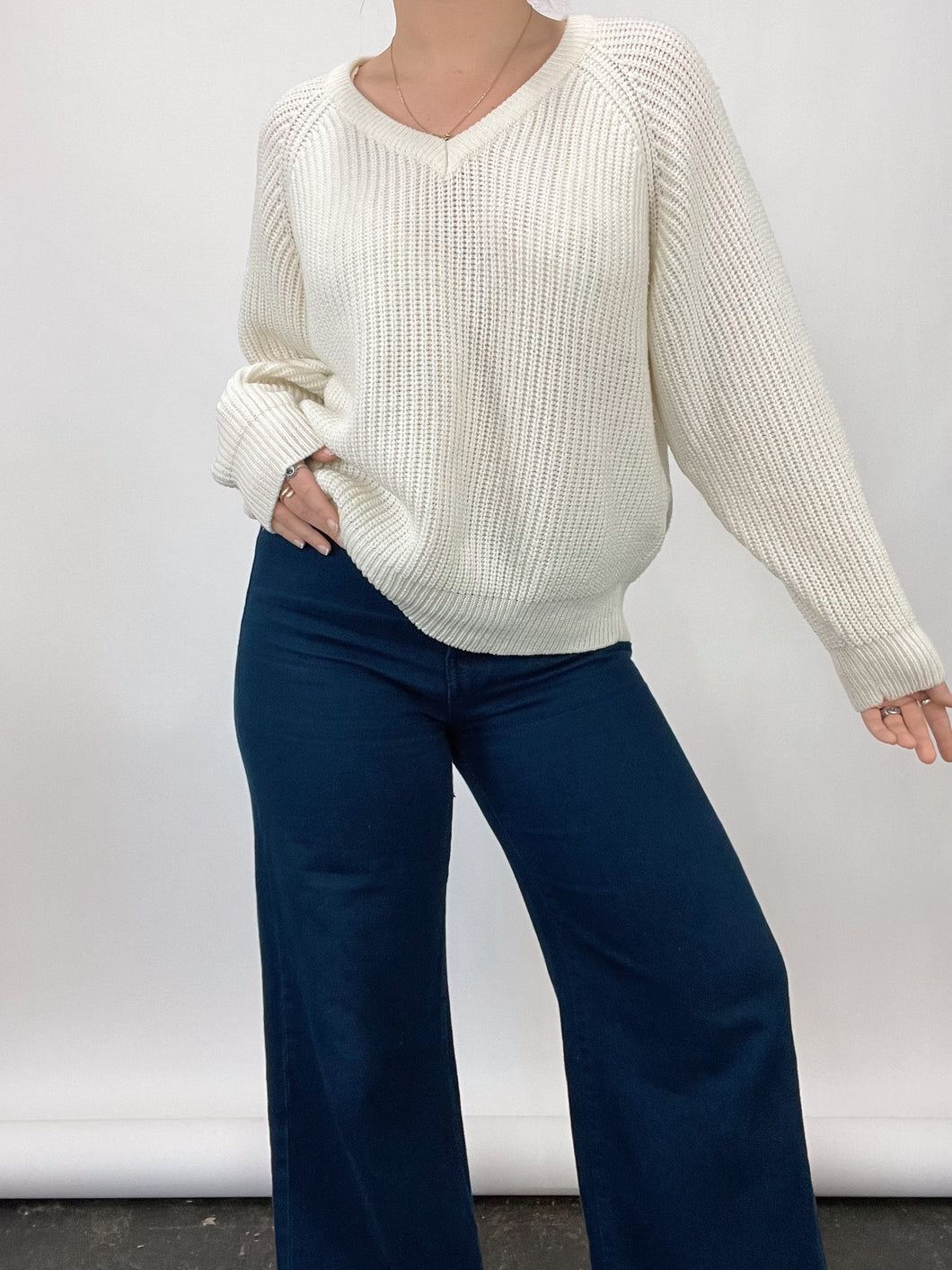 Vintage Cream V-Neck Sweater (L)