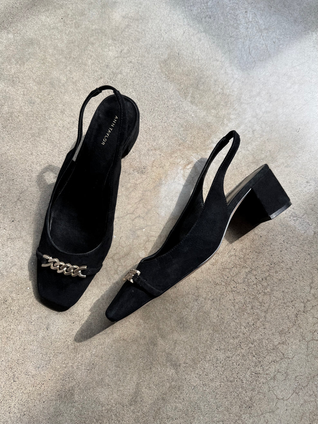 Ann Taylor Chain Detail Black Suede Slingback Heels (US 8)