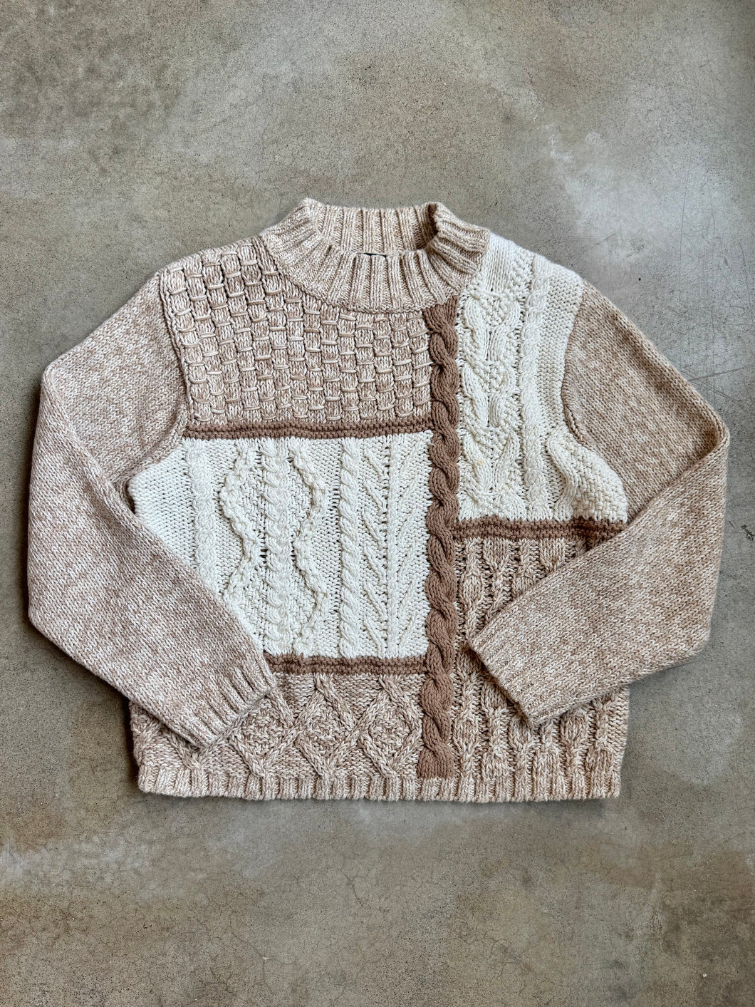 Neutral Cotton Cable Knit Mock Neck Sweater (XL)