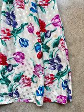 Load image into Gallery viewer, 80s Vintage Maggy London Floral Print Silk Puff Sleeve Ruched Drop-Waist Midi Dress | Small
