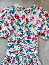 Load image into Gallery viewer, 80s Vintage Maggy London Floral Print Silk Puff Sleeve Ruched Drop-Waist Midi Dress | Small
