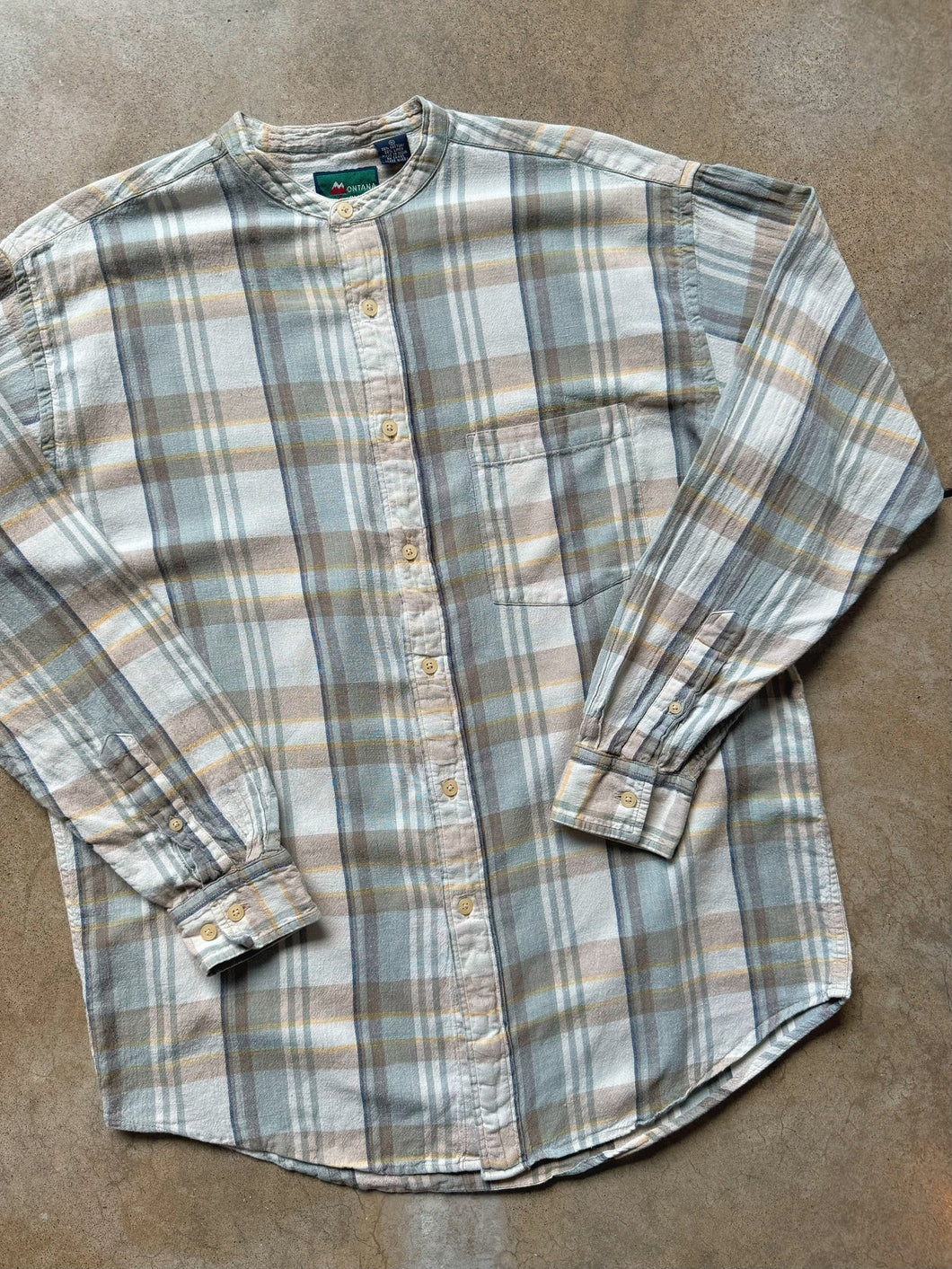 90s Vintage Muted Plaid Grandad Collar Cotton Shirt (M)