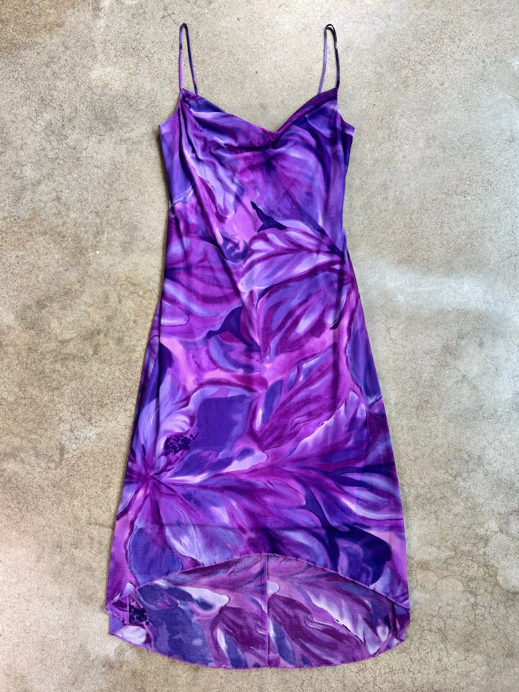Y2K City Triangles Purple Floral Cowl Neck Midi Dress (M)