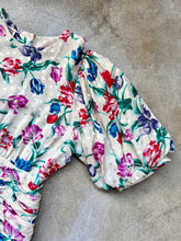 Load image into Gallery viewer, 80s Vintage Maggy London Floral Print Silk Puff Sleeve Ruched Drop-Waist Midi Dress | Small
