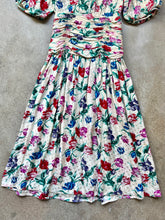 Load image into Gallery viewer, 80s Vintage Maggy London Floral Print Silk Puff Sleeve Ruched Drop-Waist Midi Dress | Small
