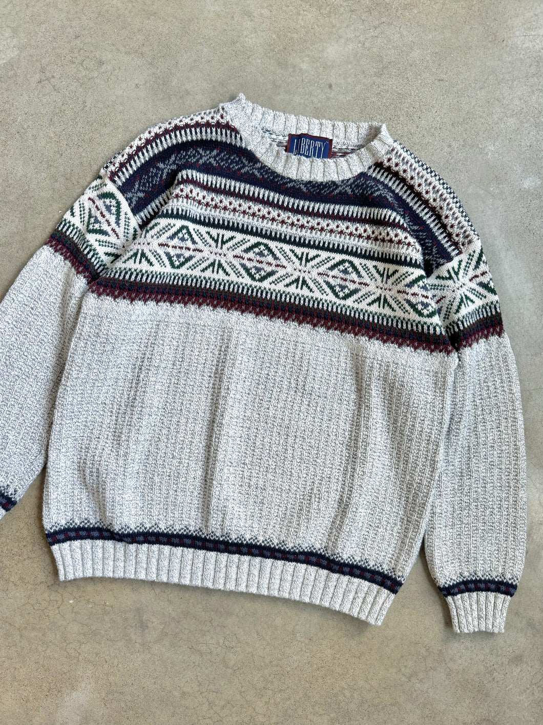 90s Vintage Patterned Cotton Knit Crewneck Sweater (L)