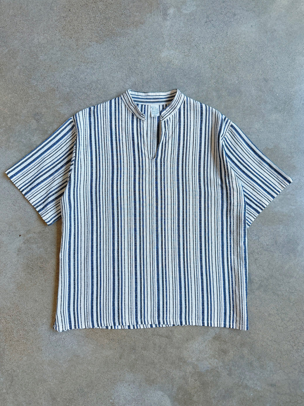 Vintage Woven Cotton Striped Short Sleeve Shirt (XL)