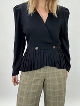 Load image into Gallery viewer, 80s Black Pleated Wrap Blouse (L)
