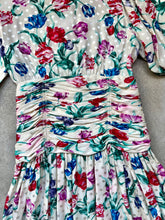 Load image into Gallery viewer, 80s Vintage Maggy London Floral Print Silk Puff Sleeve Ruched Drop-Waist Midi Dress | Small
