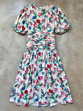 Load image into Gallery viewer, 80s Vintage Maggy London Floral Print Silk Puff Sleeve Ruched Drop-Waist Midi Dress | Small
