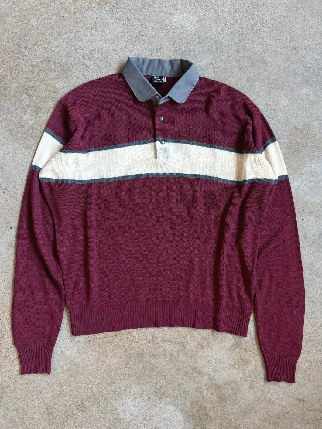 Vintage Burgundy Striped Polo Sweater (XL)