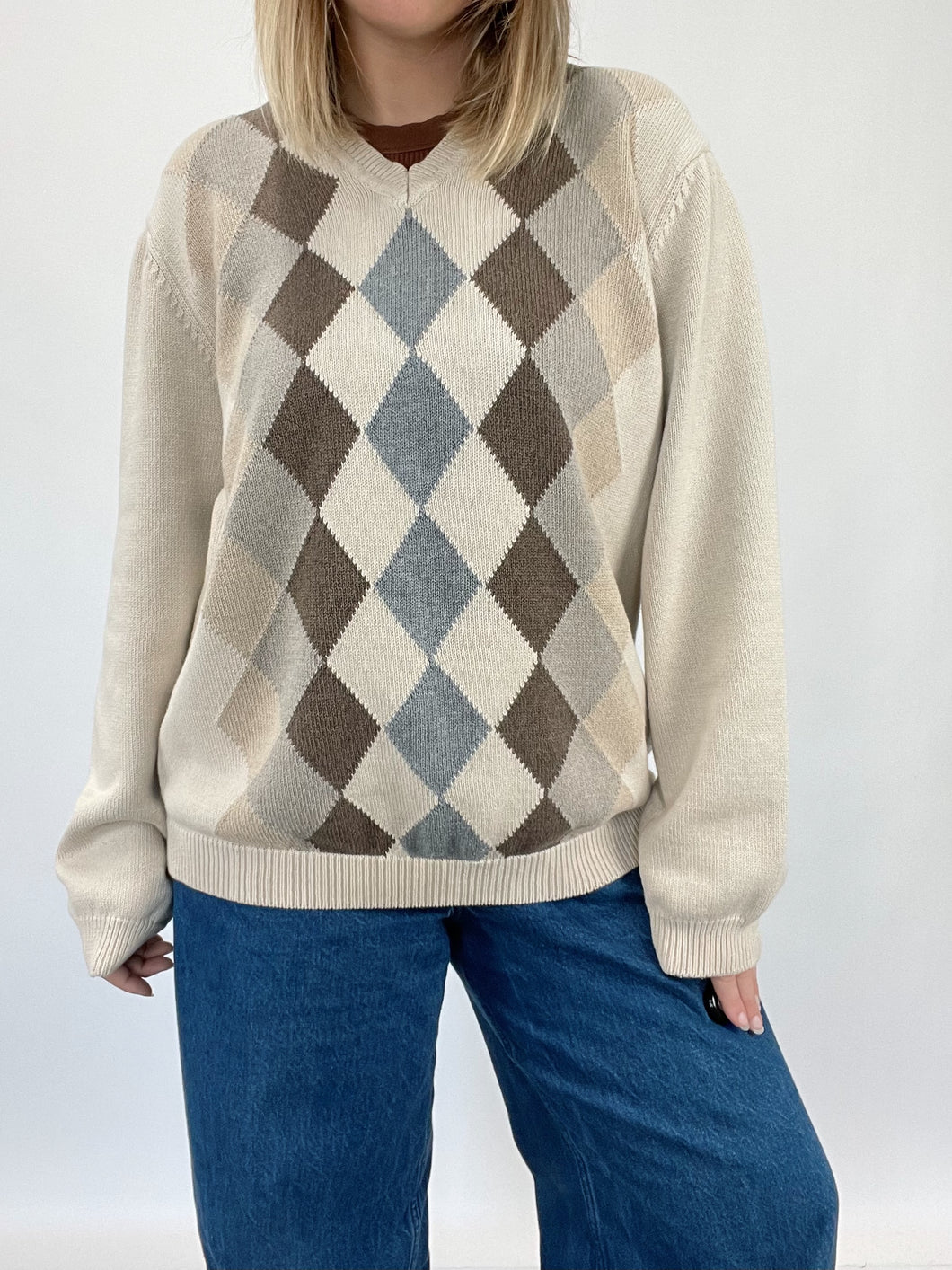Neutral Argyle V-Neck Sweater (XL)