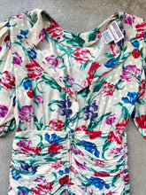 Load image into Gallery viewer, 80s Vintage Maggy London Floral Print Silk Puff Sleeve Ruched Drop-Waist Midi Dress | Small
