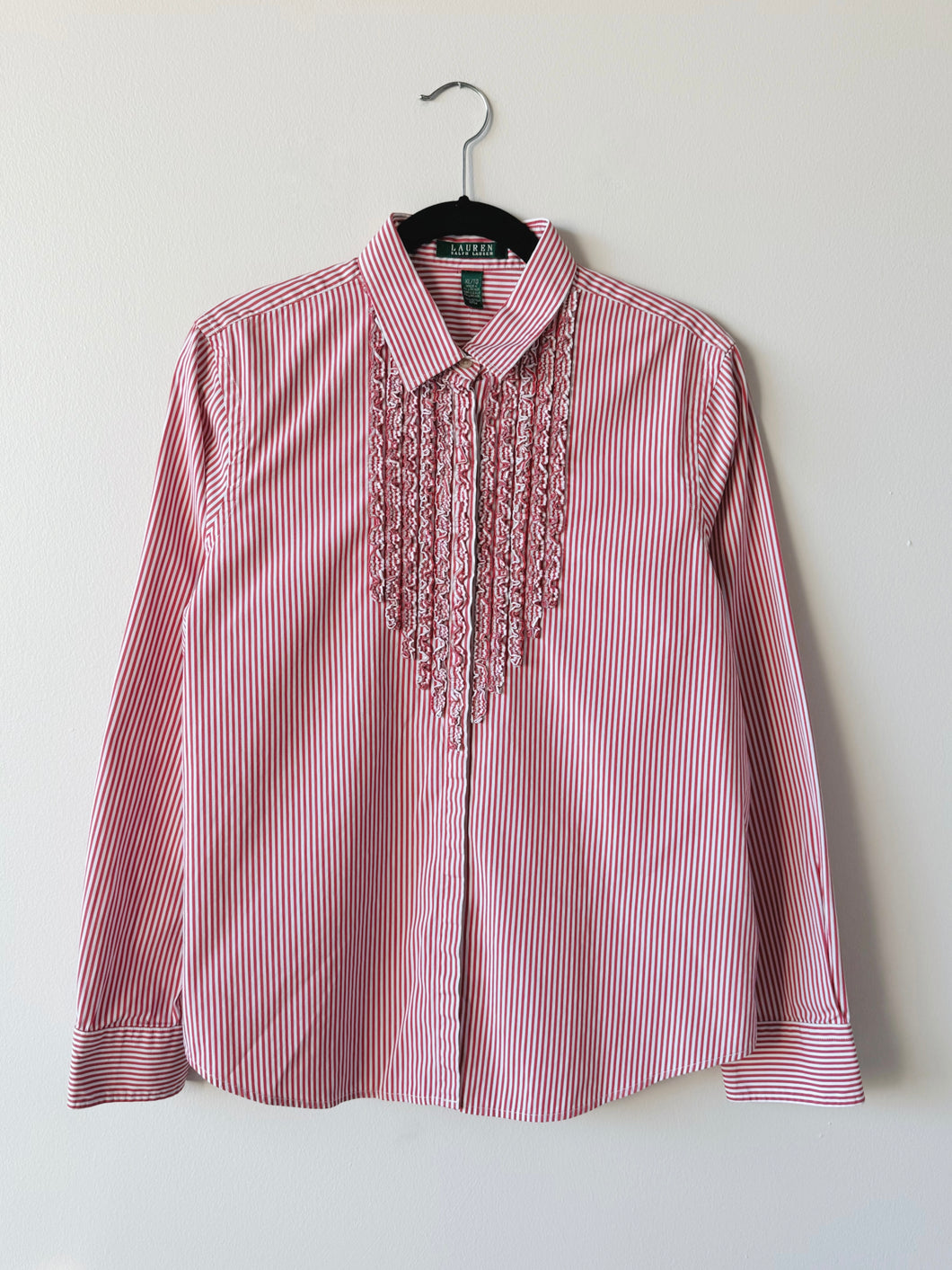 Red Stripe Button-Up Ruffle Bib Shirt (XL)