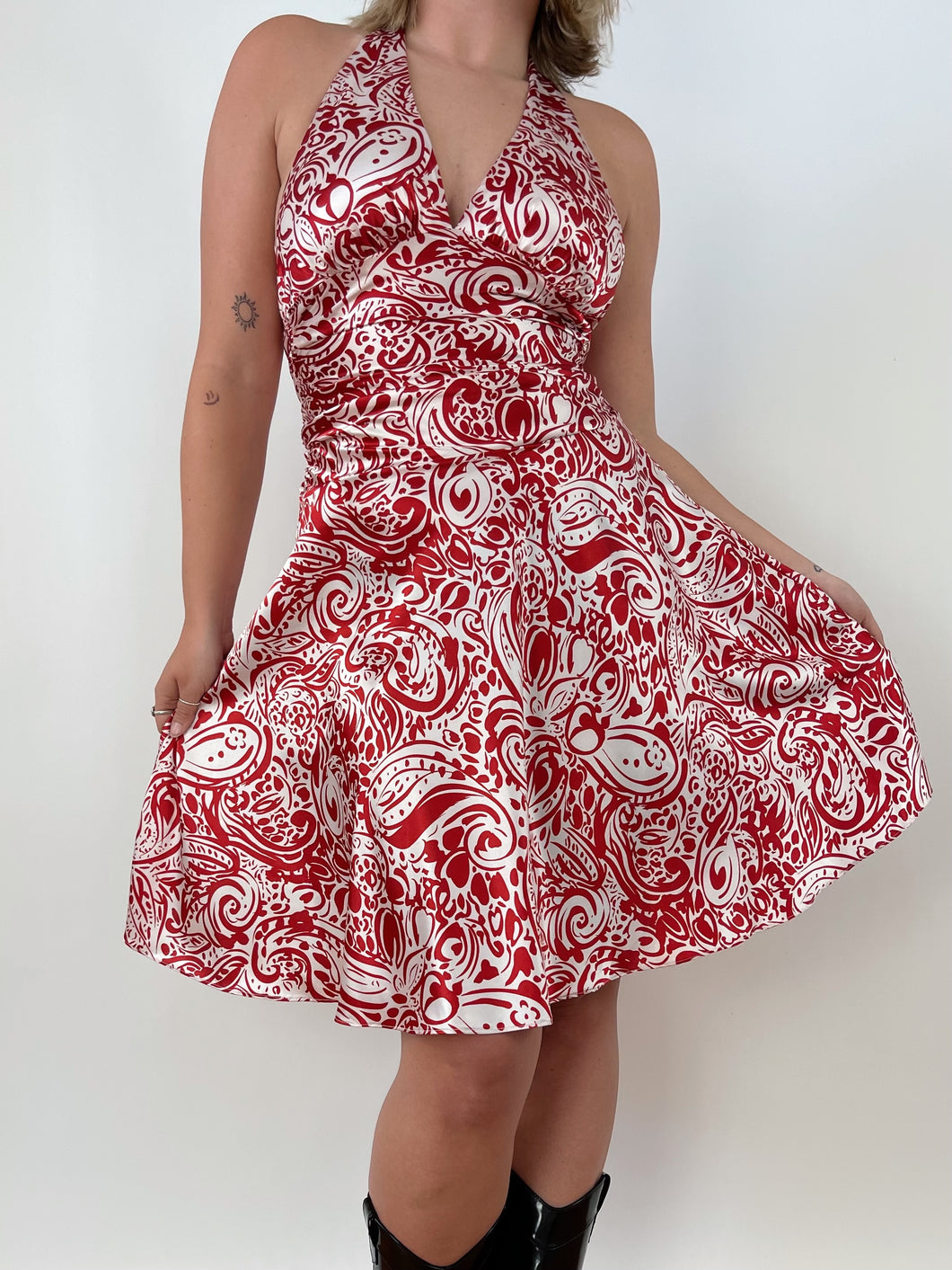 Red Paisley Satin Halter Dress (XS)
