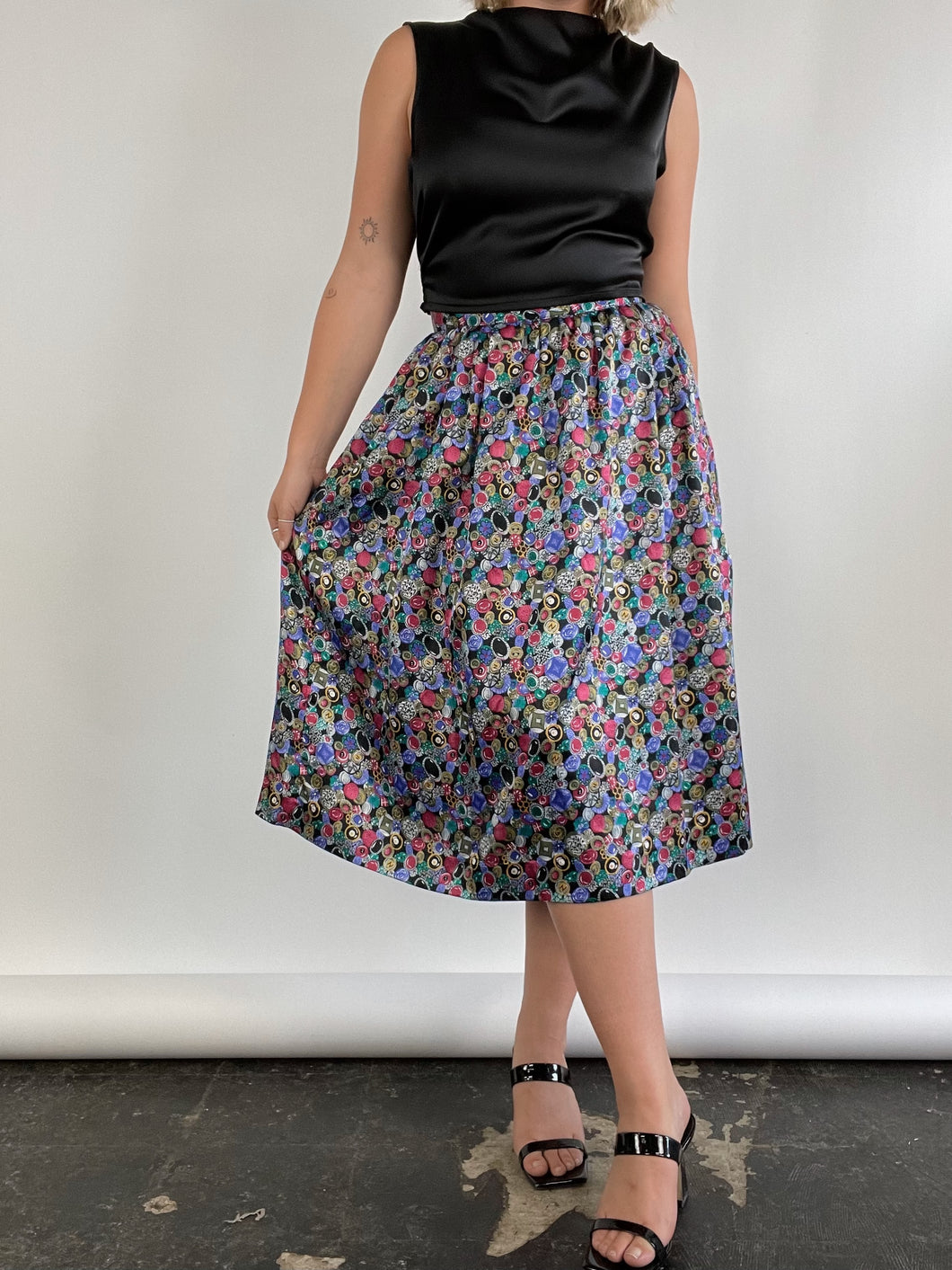 80's Multi Pattern Satin Pleated Skirt (W30
