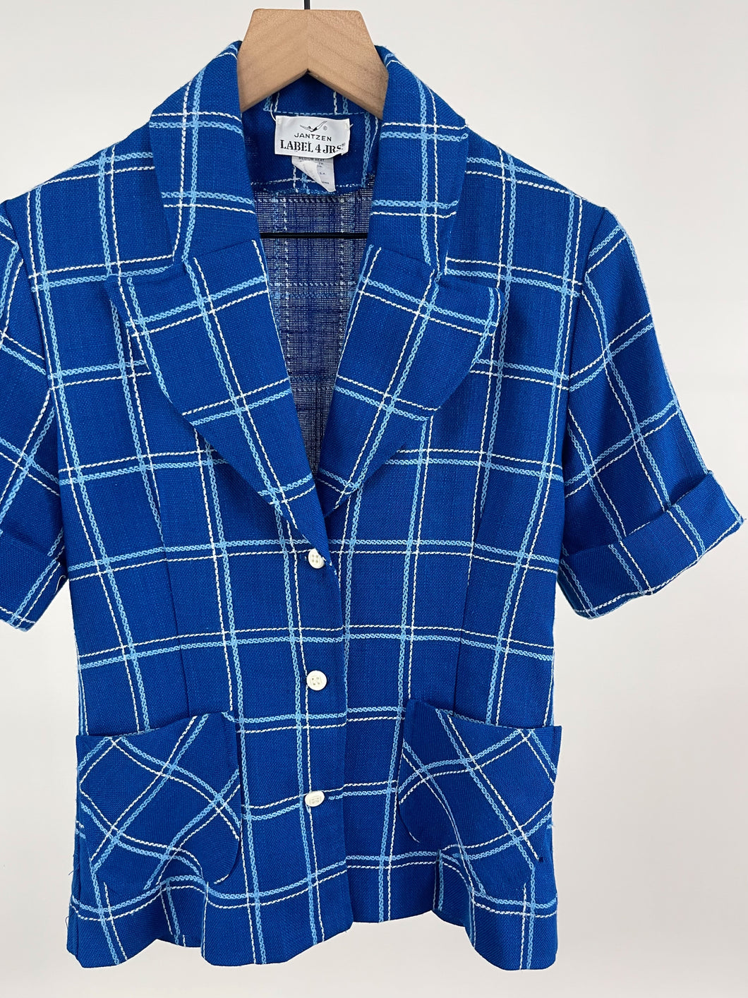 70's Blue Plaid Short Sleeve Blazer (XS/S)